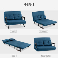 HOMCOM 4-in-1 Velvet-Feel Double Sofa Bed, with Pillows - Blue