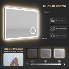 Close up of the controls for the LED bathroom mirror with anti-fog and 3x magnification showing dimming options