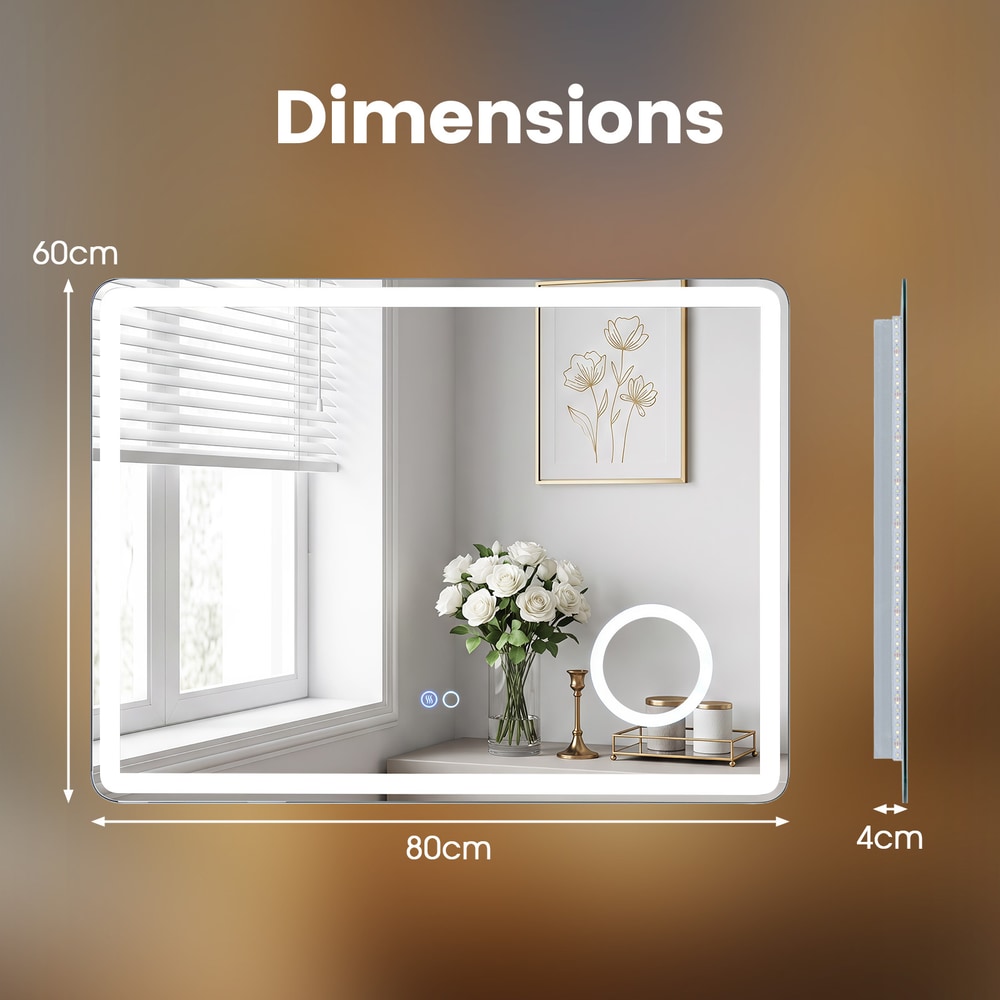 A diagram showing the dimensions of the LED bathroom mirror with anti-fog and 3x magnification