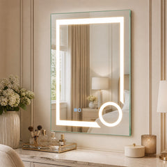 The wall mirror mounted above a dressing table with makeup brushes and flowers