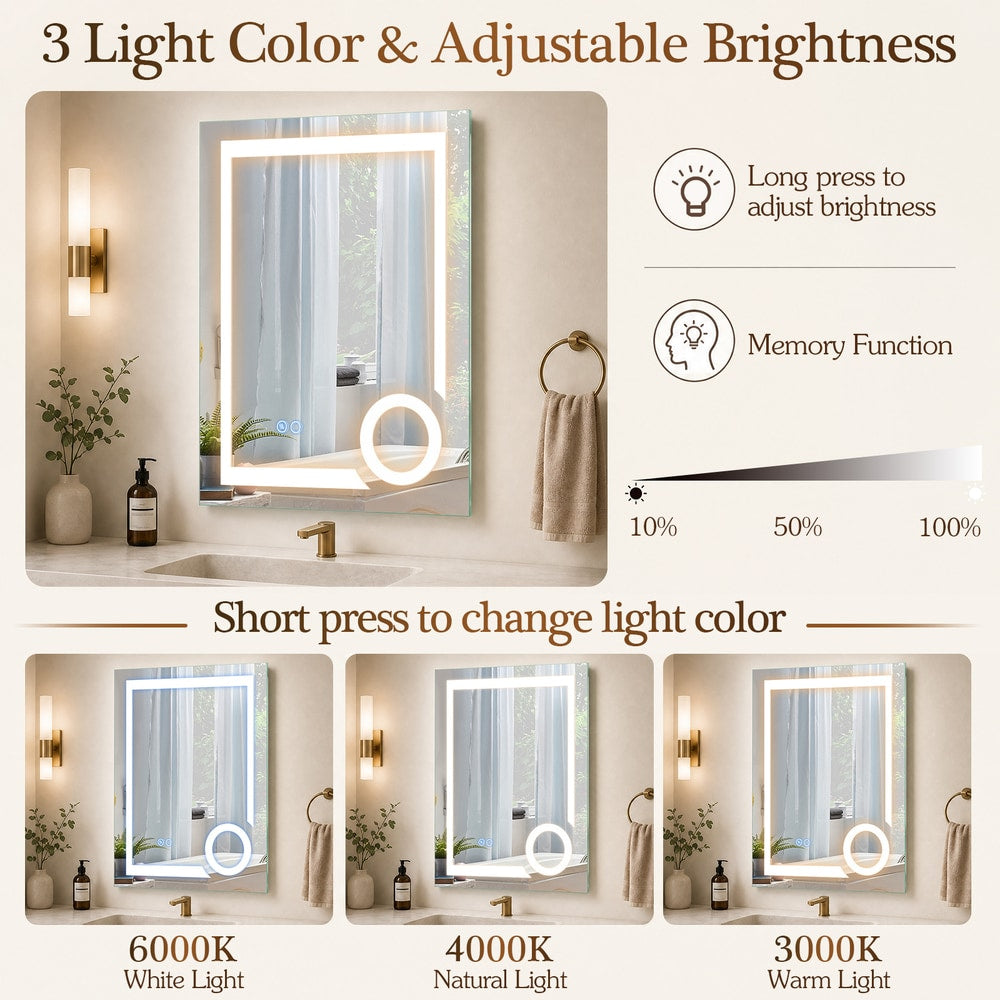 The bathroom mirror demonstrating three different light colour settings and brightness