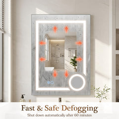 The bathroom mirror showing the anti-fog feature with arrows indicating heat spread