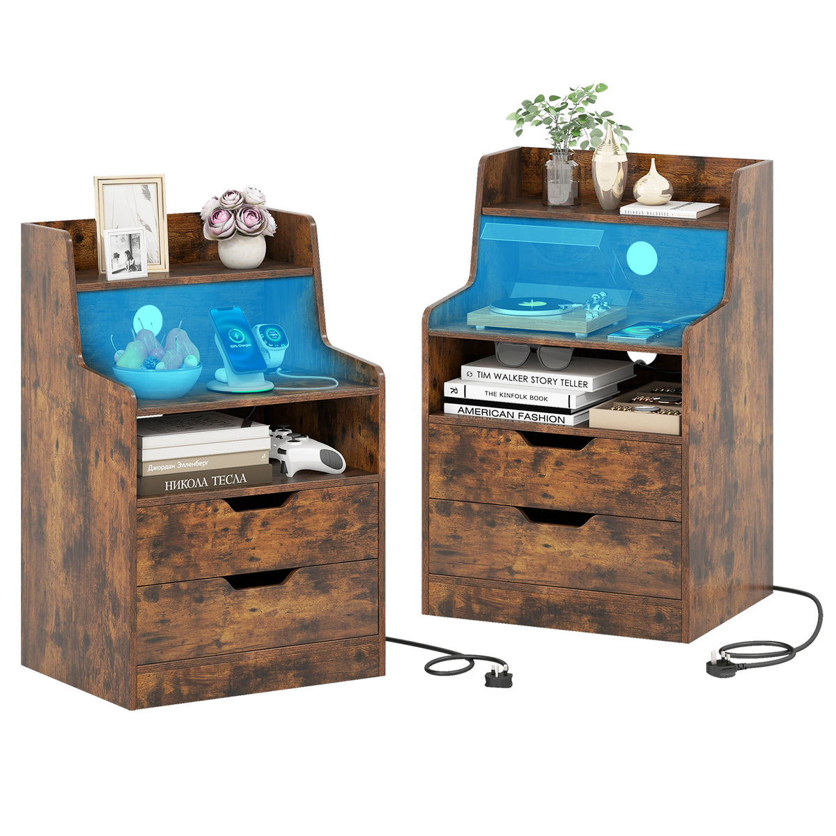 Two rustic brown bedside tables with open shelves and drawers, one lit with blue LED light