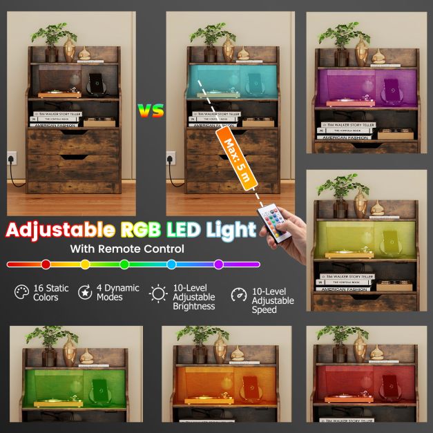 The bedside table showing various colour settings for the integrated LED light via remote control