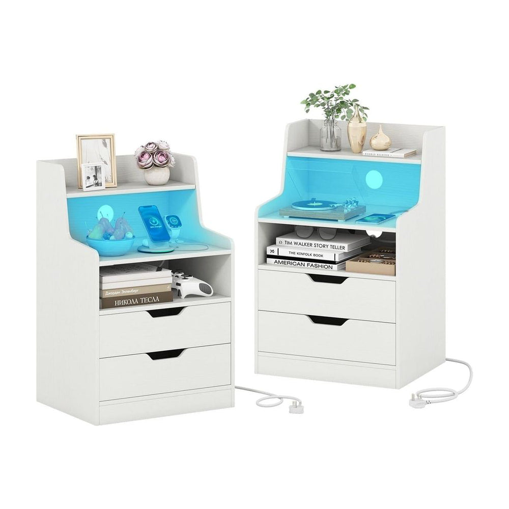 LED Nightstand set of two white bedside tables with blue glowing lights and charging stations