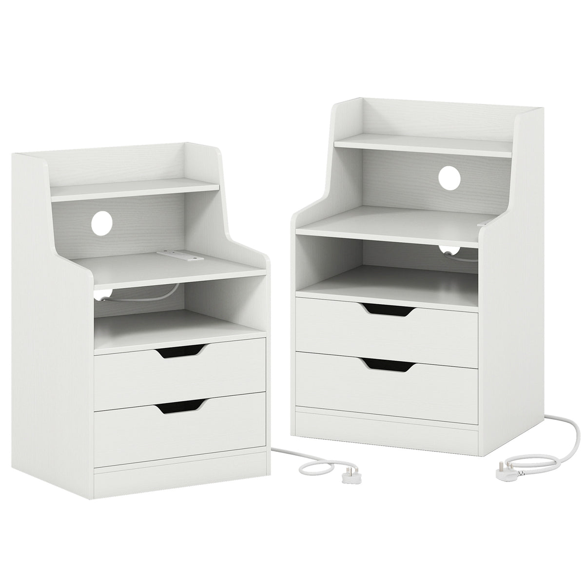 The white bedside tables shown from the back to reveal the power cables and open shelves