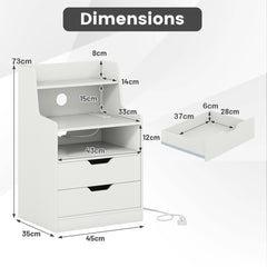 The nightstands with annotated arrows showing the height width and depth measurements