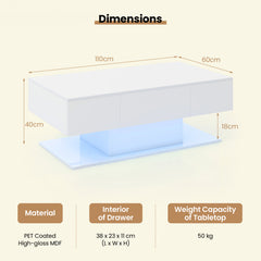 LED Coffee Table with 2 Drawers and Remote Control-White