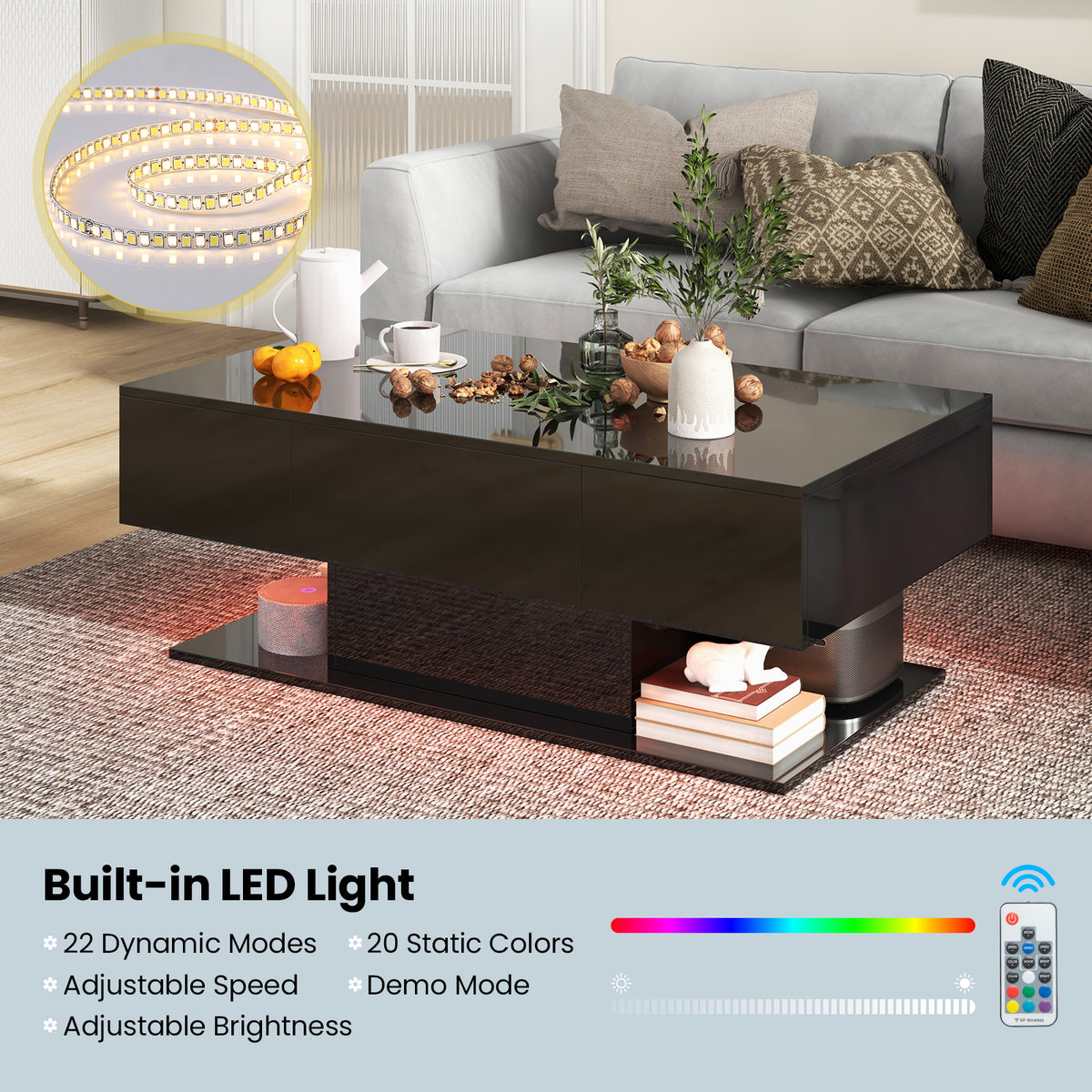 LED Coffee Table with 2 Drawers and Remote Control-Black