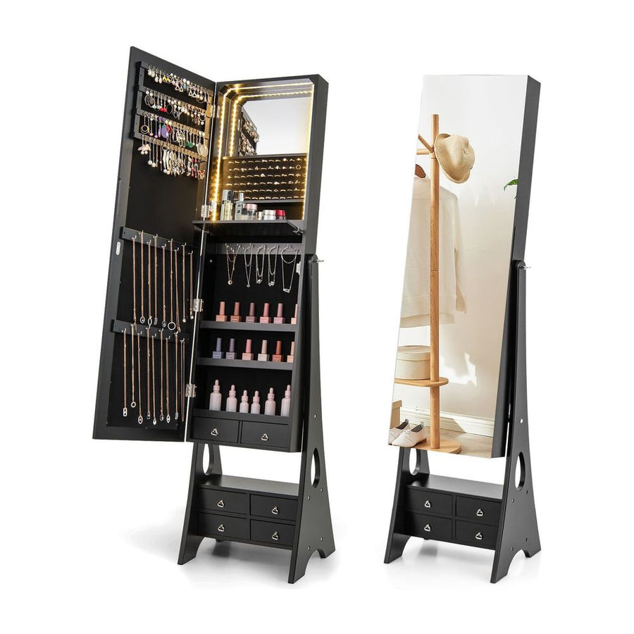 3-Color LED Lighted Jewelry Cabinet with Full-Length Mirror and Adjustable Tilt Angles-Black