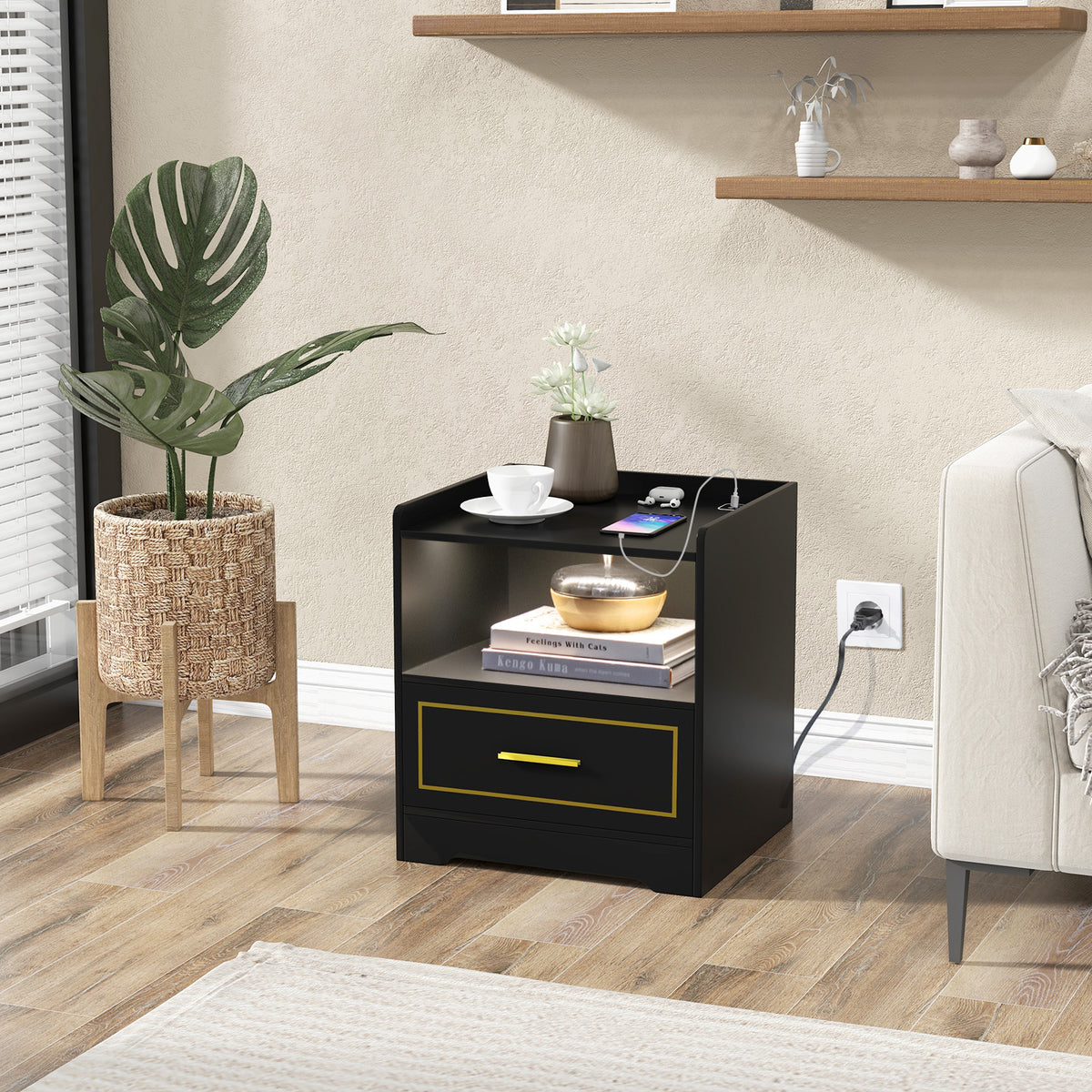 LED Nightstand with USB and Type-C Port-Black