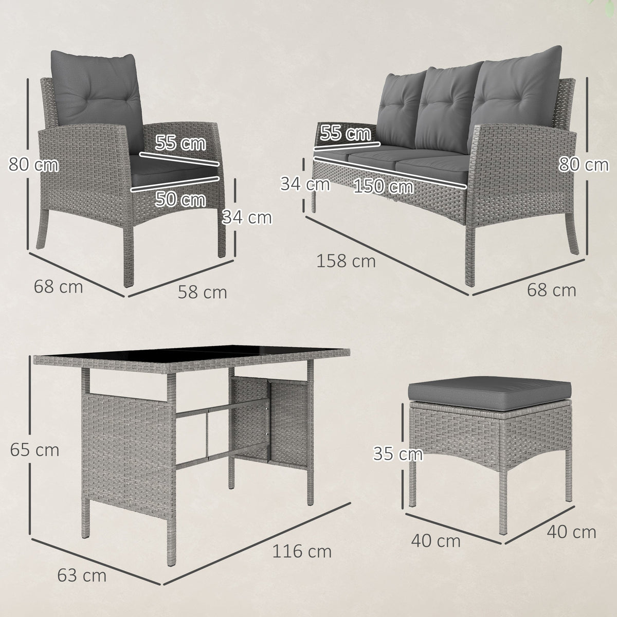 Outsunny 7 Seater Rattan Garden Furniture Set, 6 Piece Patio Dining Set, Armchairs, 3-Seater Sofa, Footstools, Glass Dining Table, Cushions, Wicker Outdoor Furniture for Conservatory Patio, Grey