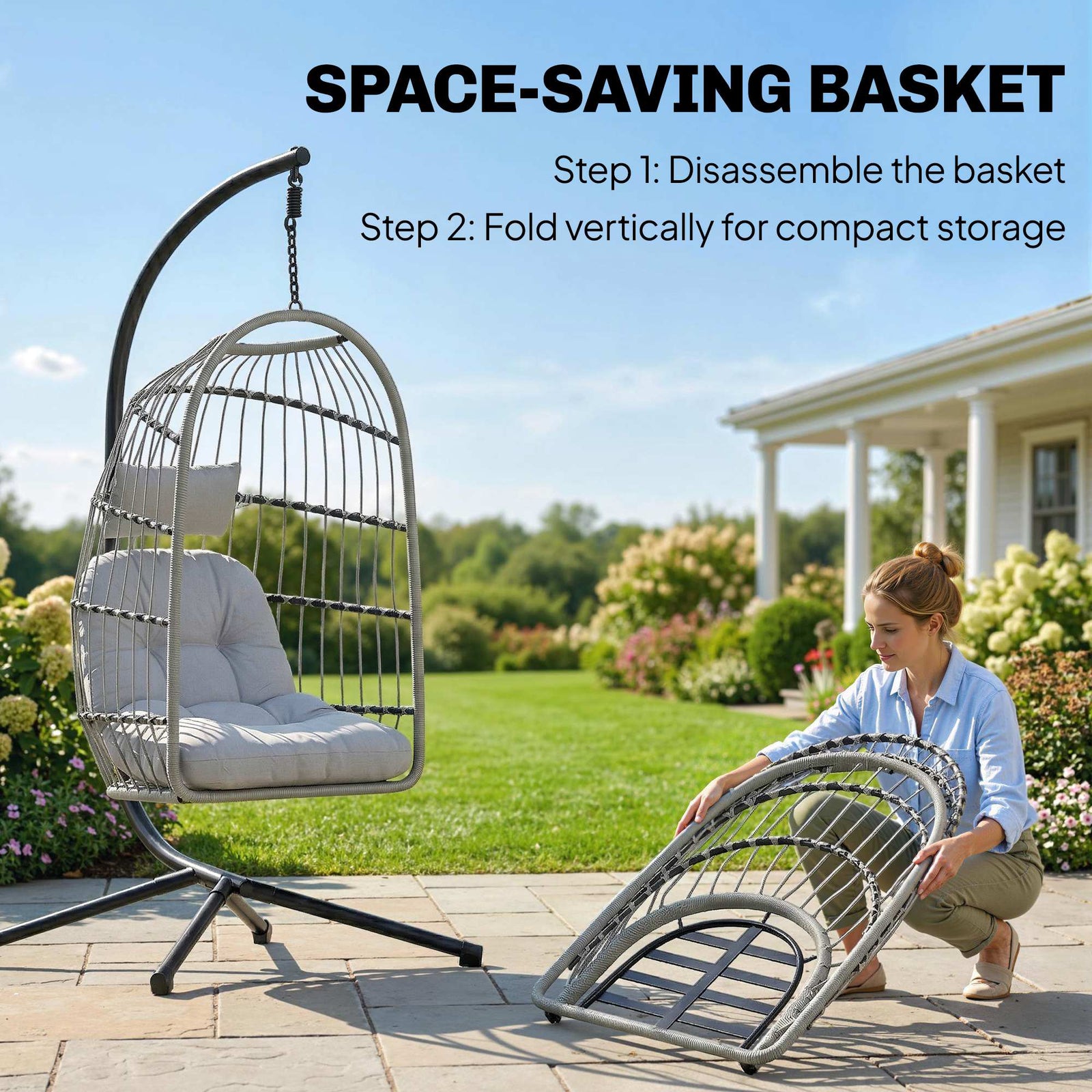 Outsunny Hanging Egg Chair, Indoor Outdoor Hammock Swing Chair with Stand, Safety Strap, Foldable Basket, Light Grey