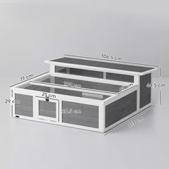 The wooden tortoise enclosure with dimensions shown in white text