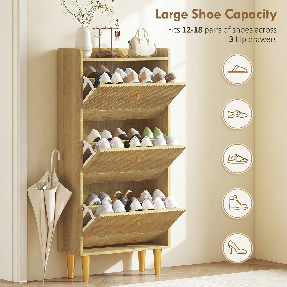HOMCOM Narrow Shoe Cabinet, Modern Shoe Storage Cabinet with 3 Flip Drawers, Oak