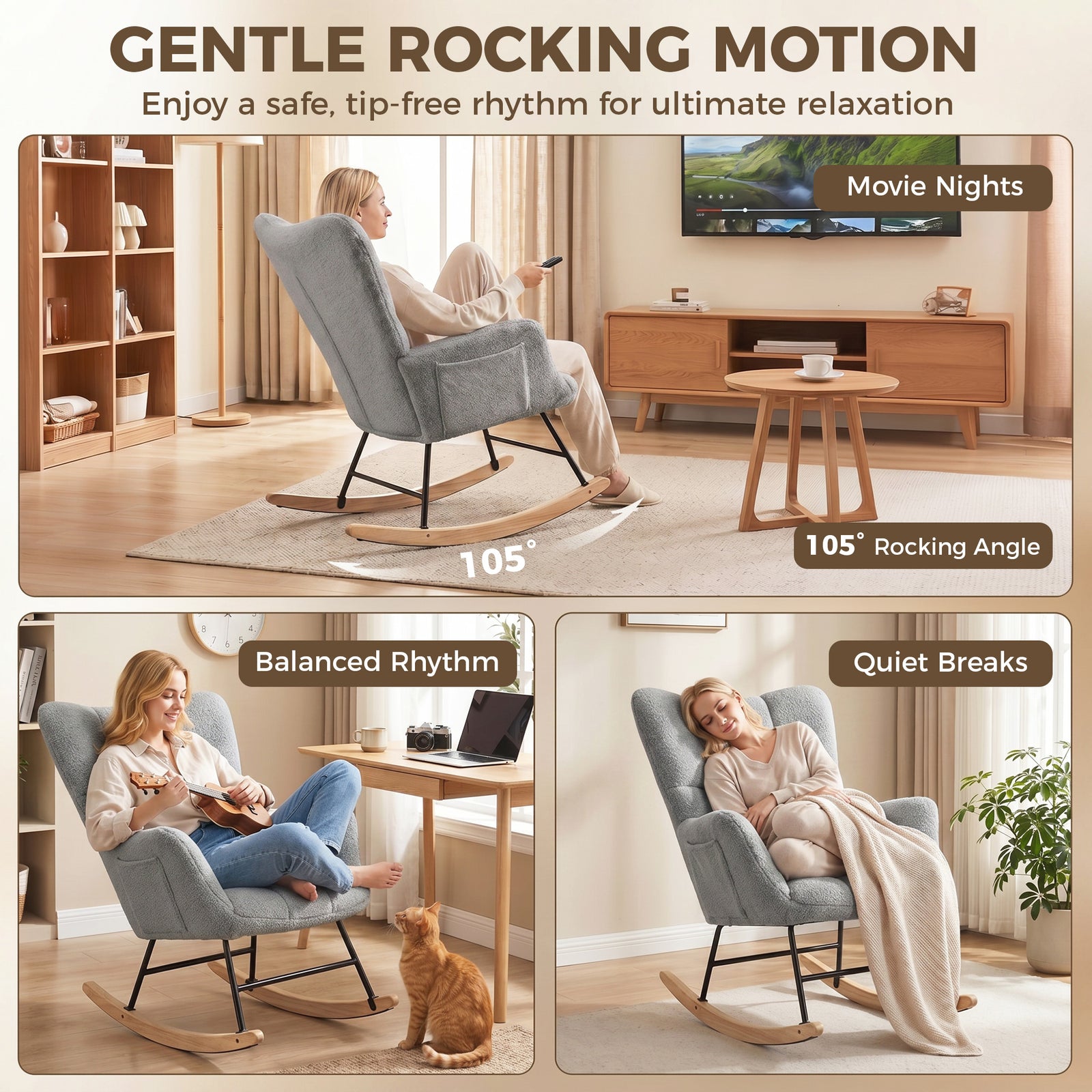 HOMCOM Rocking Chair, Teddy Fleece Rocker Chair with Tufted Wingback, Side Pockets, Rubber Wood Legs, Light Grey