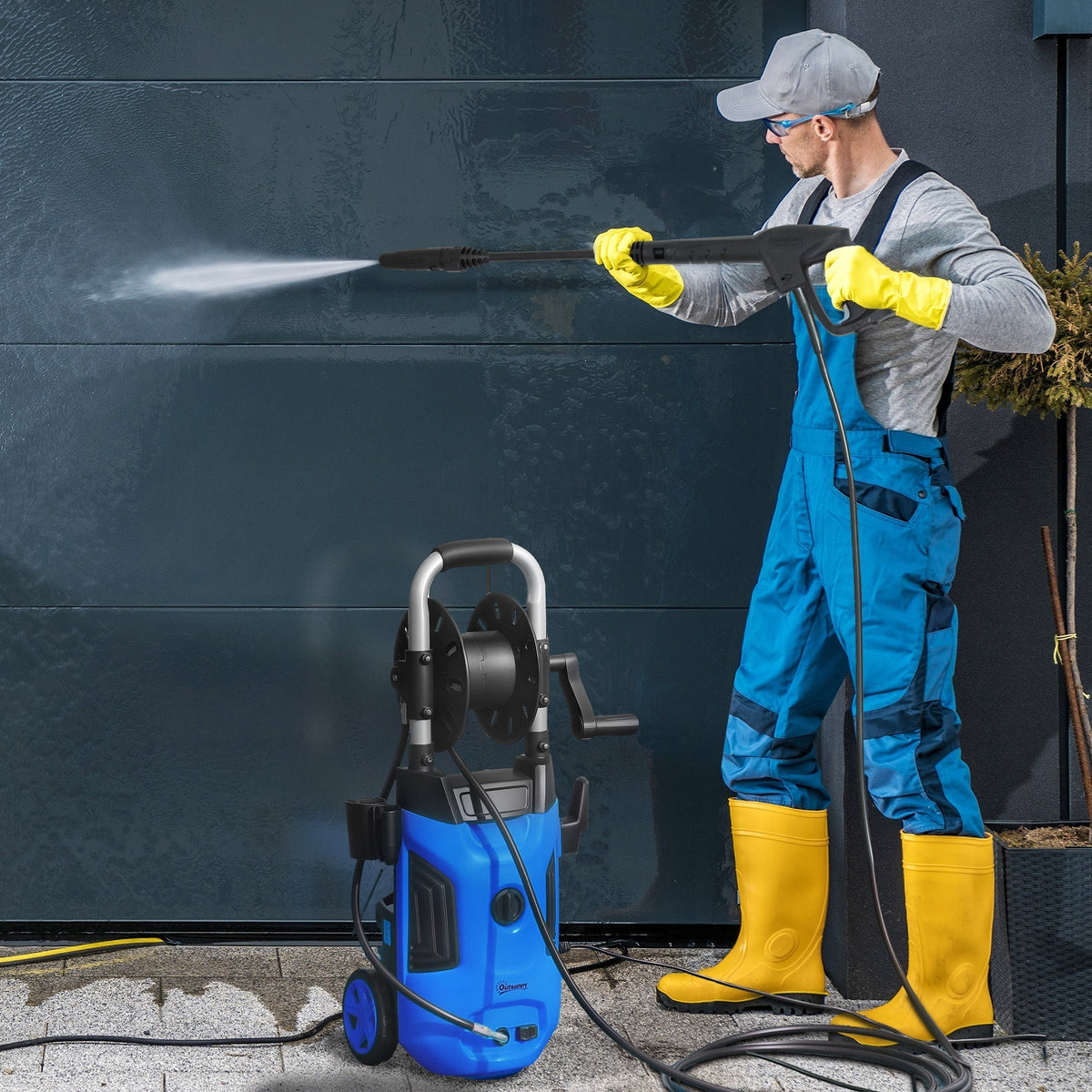 Outsunny 1800W High Pressure Washer, 150 Bar Pressure, 420 L/h Flow, Portable Power Washer Jet Wash Cleaner with Adjustable Nozzle, 6M Hose, Hose Reel, Steel Handle for Home Patio Car Driveway, Blue