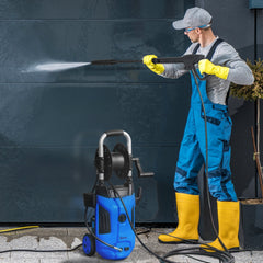 Outsunny 1800W High Pressure Washer, 150 Bar Pressure, 420 L/h Flow, Portable Power Washer Jet Wash Cleaner with Adjustable Nozzle, 6M Hose, Hose Reel, Steel Handle for Home Patio Car Driveway, Blue