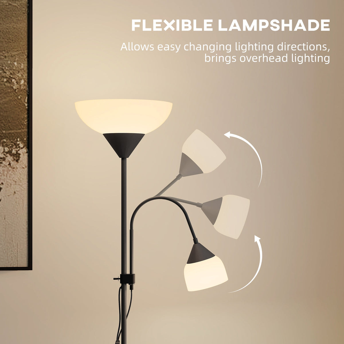 HOMCOM LED Floor Lamp for Living Room, 180cm Tall Standing Lamp, Mother and Child Uplighter with Adjustable Gooseneck, Black