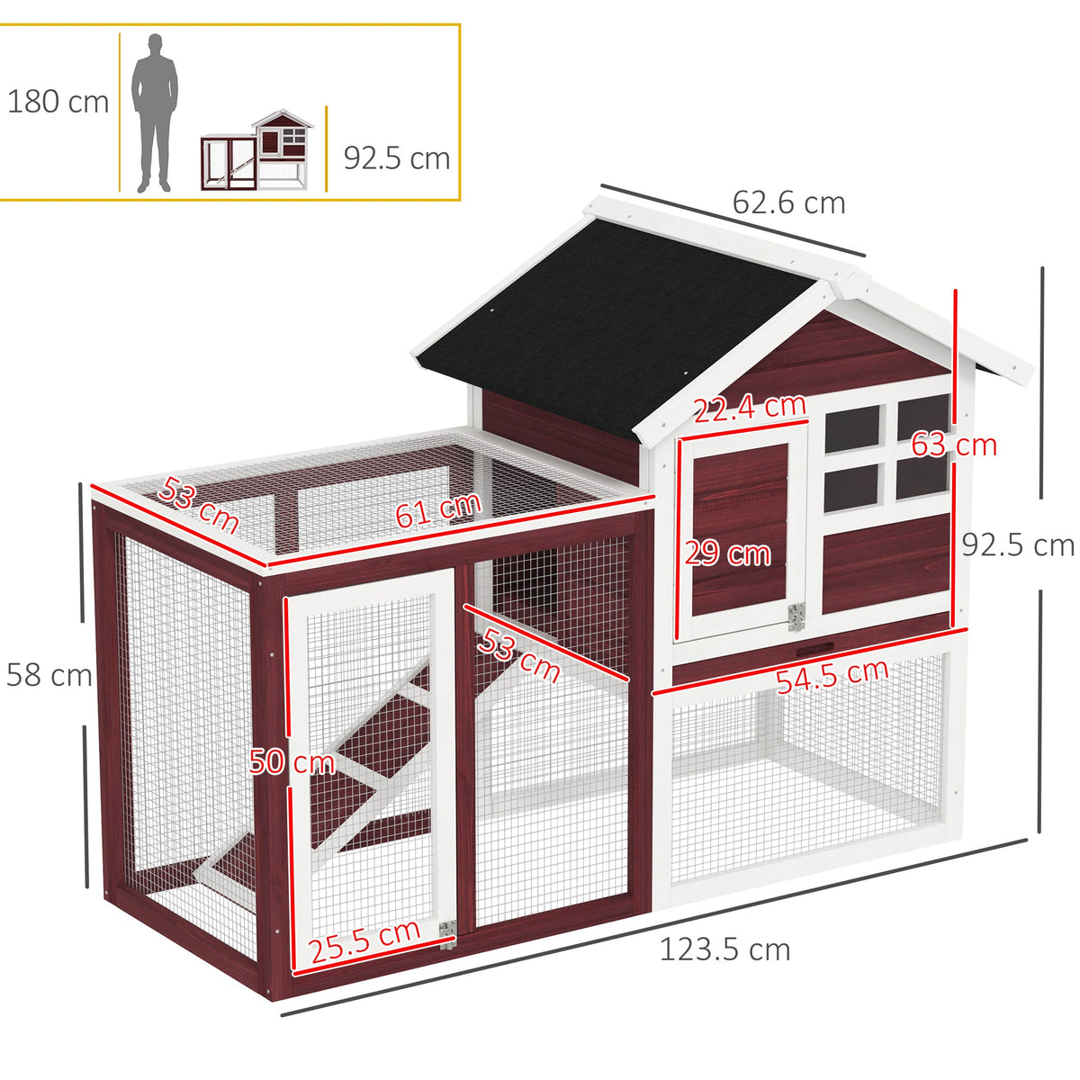 PawHut Rabbit Hutch Outdoor Wooden Guinea Pig Hutch Rabbit Run Bunny Cage Small Animal House Pull-Out Tray, Brown, 124 x 63 x 93 cm