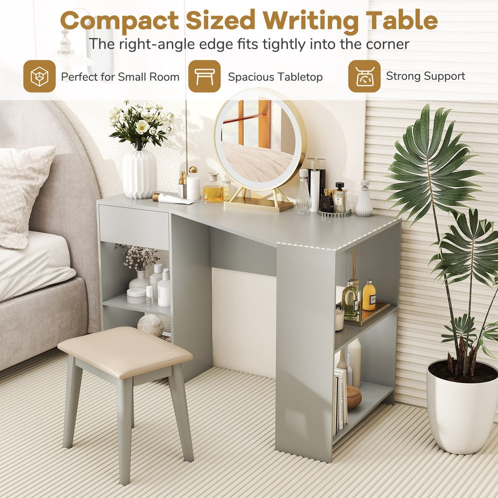 Compact L-shaped writing table with open shelves and storage in a bedroom