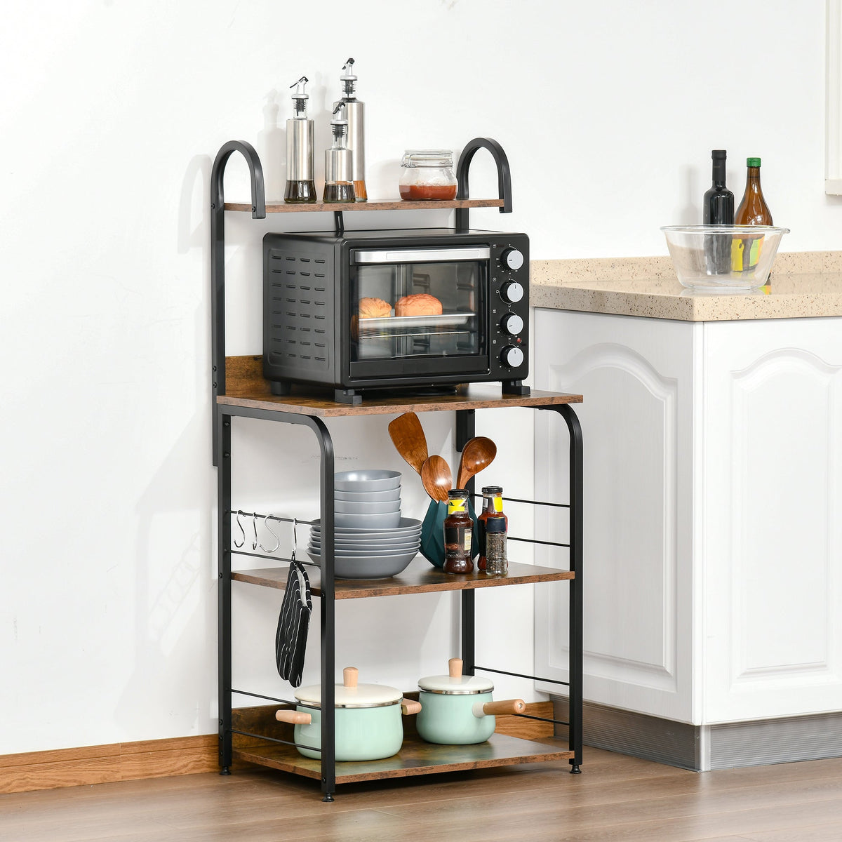 HOMCOM 4-Tier Baker's Rack, Microwave Stand with 4 Hooks, Kitchen Storage Unit for Spices, Pots and Pans, Rustic Brown