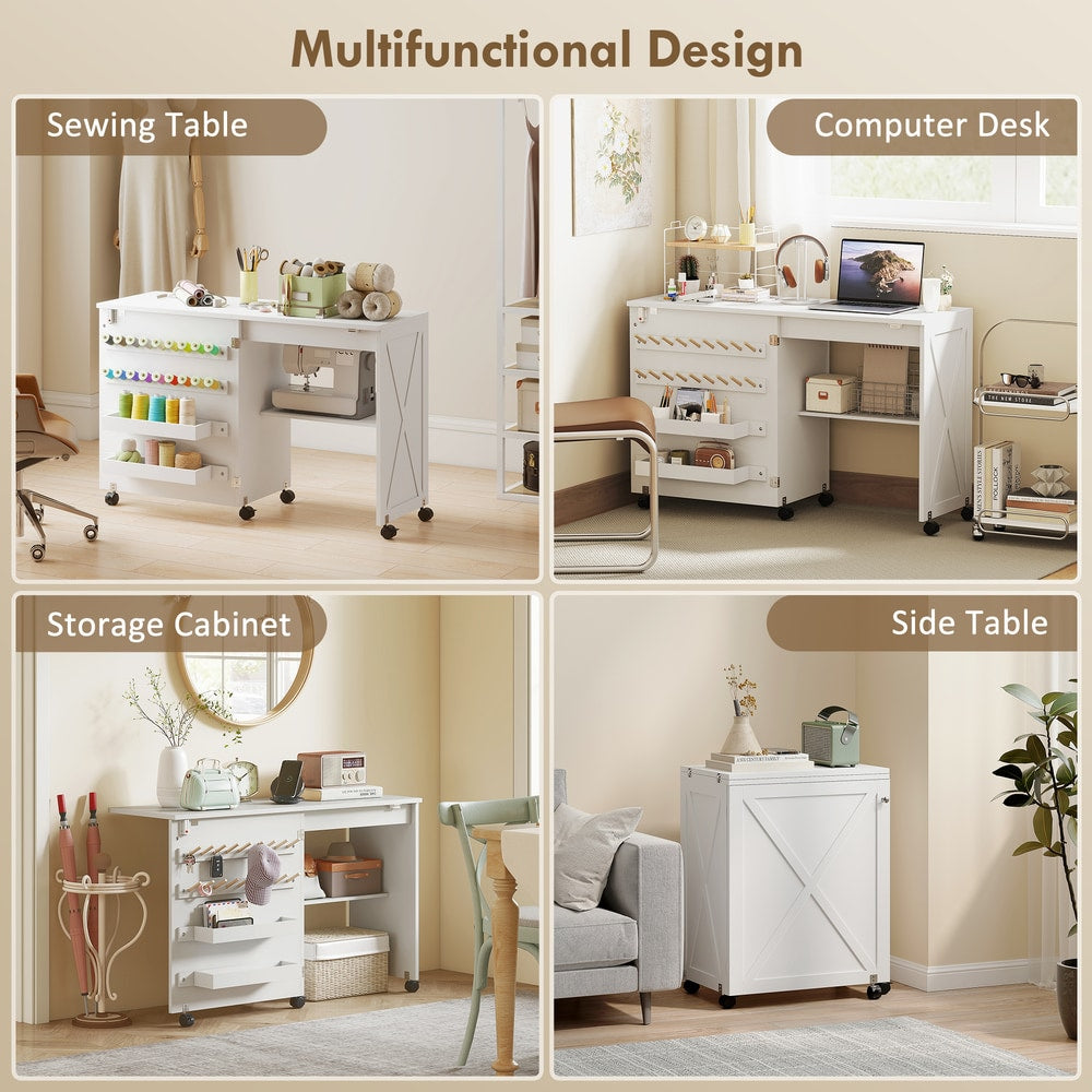 the multifunctional design of the sewing table shown in four ways