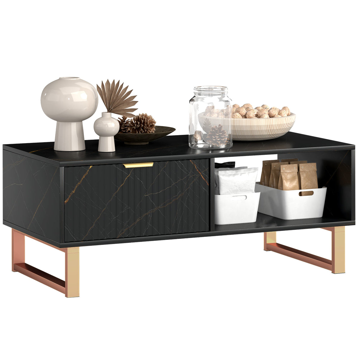 HOMCOM Elegant Marble Effect Storage Coffee Table - Black
