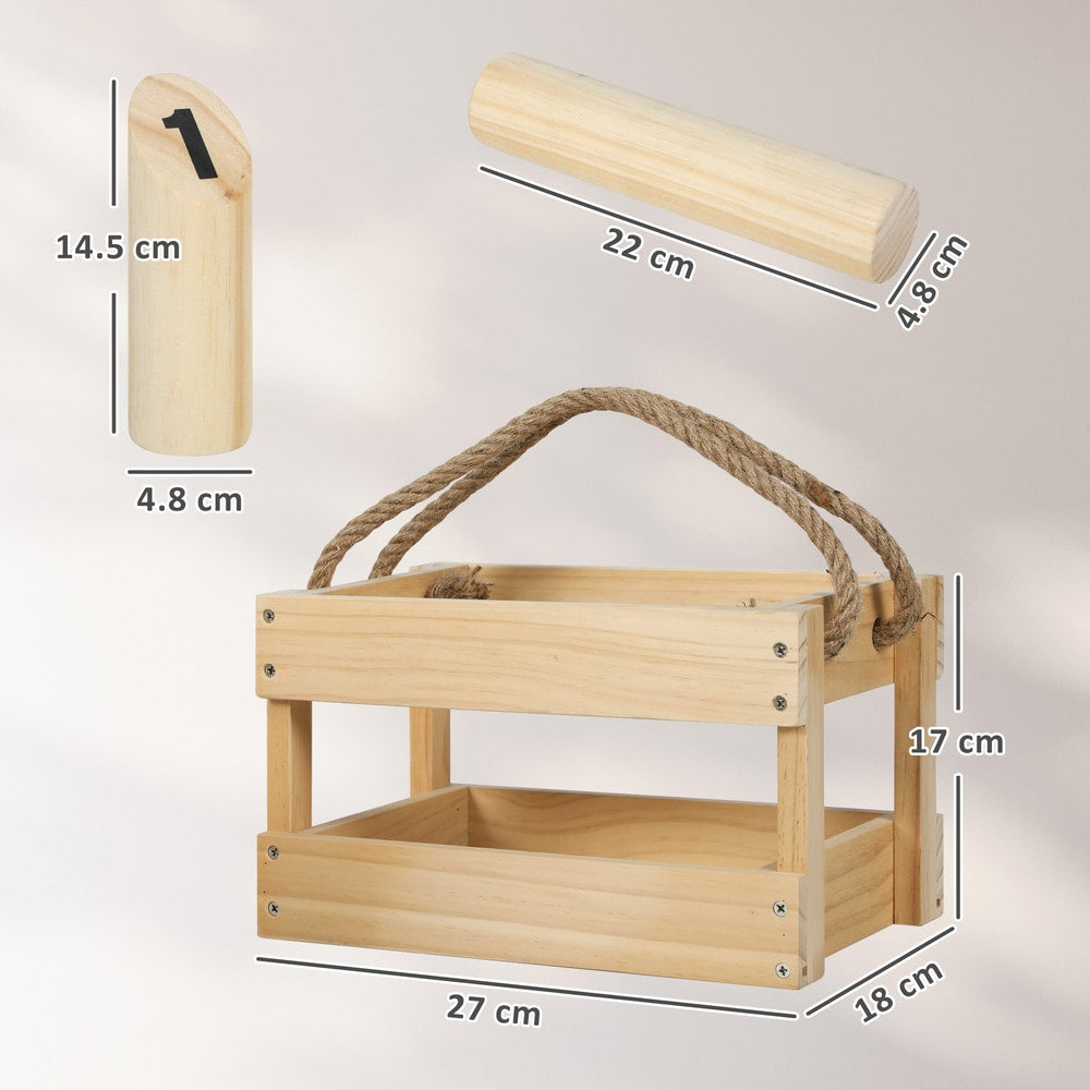 Wooden scatter game skittle and throwing pin with dimensions shown