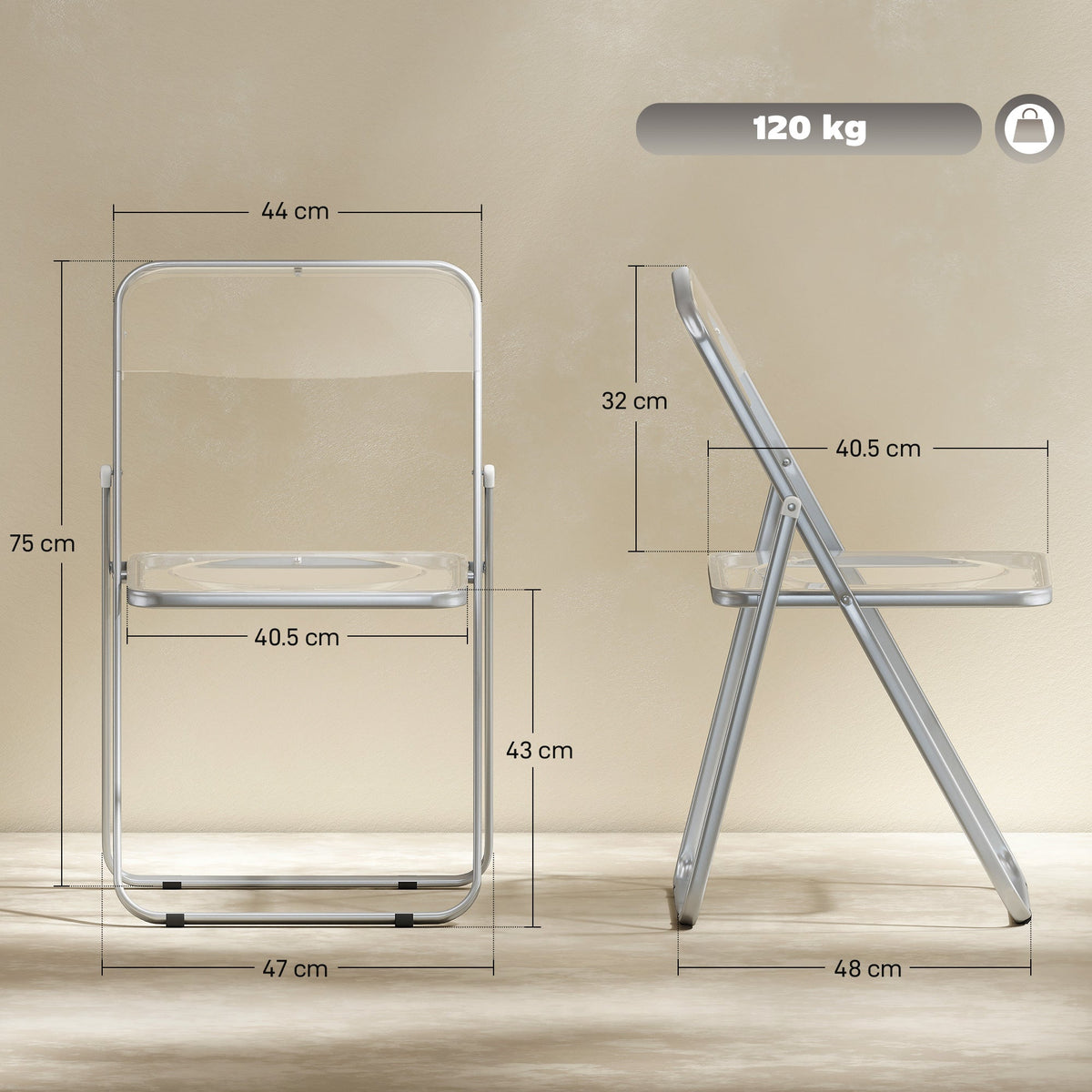HOMCOM Foldable Chairs, Folding Chairs with Transparent Seat and Backrest, Heavy Duty Steel Frame, 47W x 48D x 75H cm, Clear