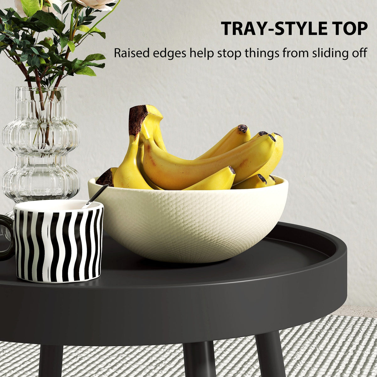Outsunny 49.5 cm Round Garden Table, Small Outdoor Coffee Side Table with Plastic Tray-Style Top, Metal Legs, Black
