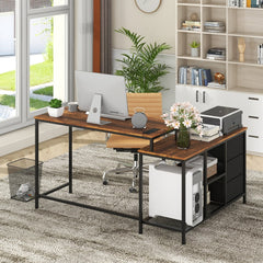 The office desk viewed from the back showing the storage shelves and black fabric drawers
