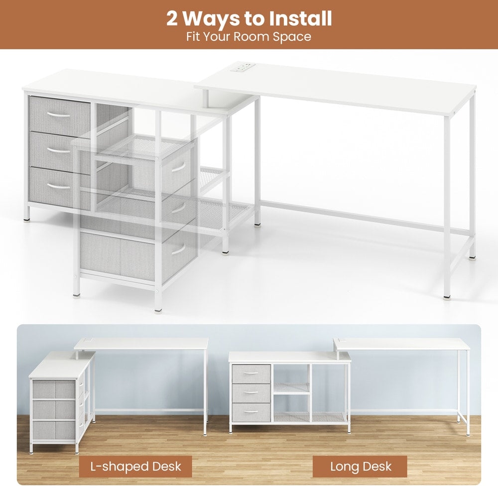 The office desk showing two different ways to assemble the unit for different room layouts