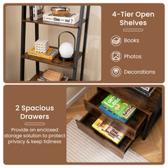 Ladder Bookshelf Tall Freestanding Display Rack with Storage-Rustic Brown