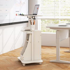 This laptop table on wheels is in a modern office setting next to a whiteboard
