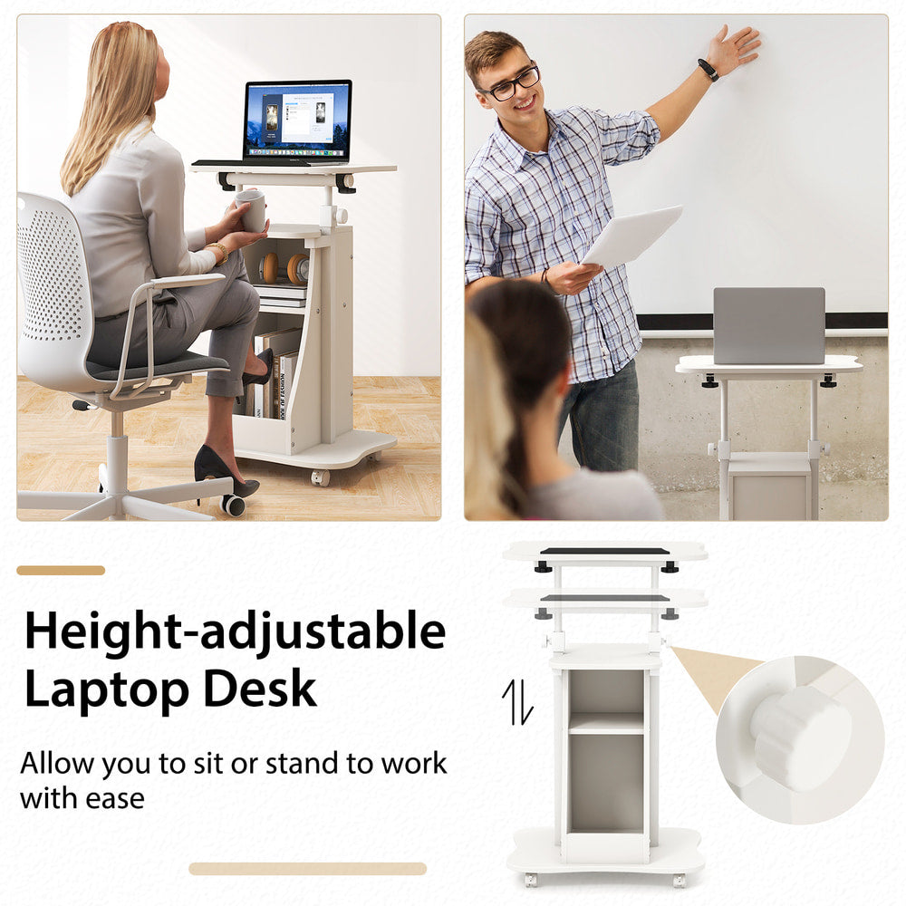This height adjustable desk allows you to sit or stand with ease, shown in use
