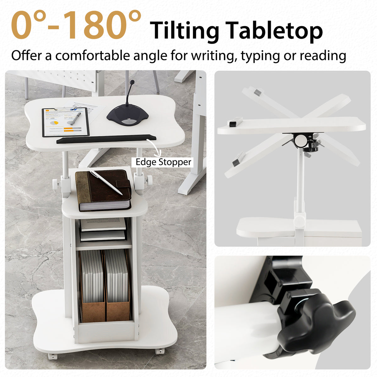 The white laptop cart features a tilting tabletop for comfortable use