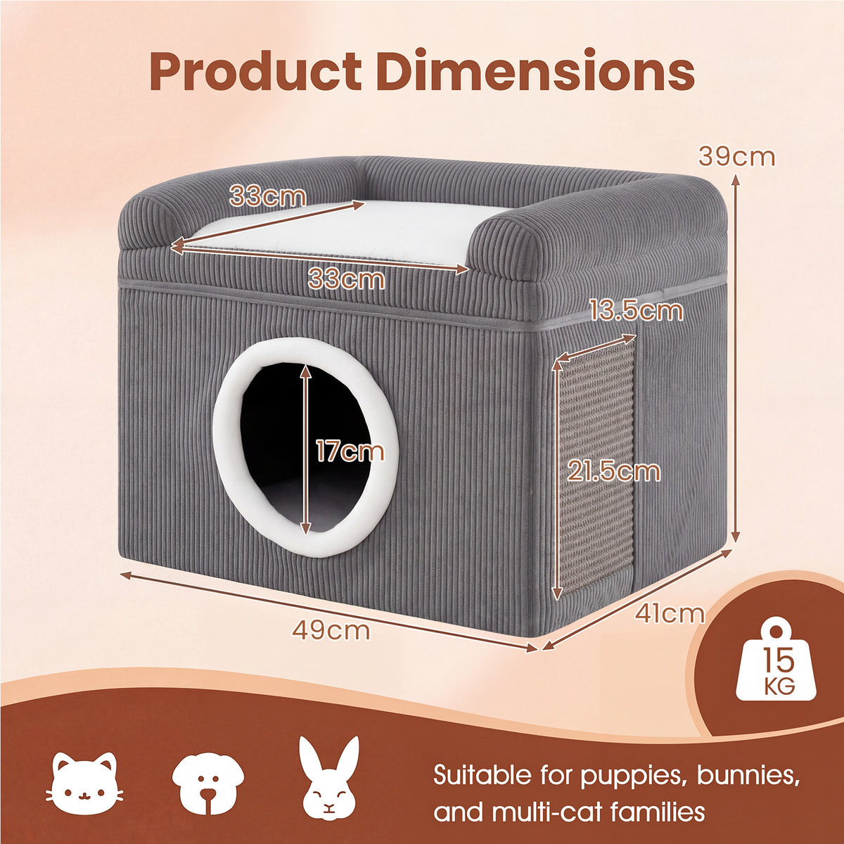 Large Cat Cave with Cozy Condo Sisal Scratching Mat and Anti-Slip Bottom-Grey