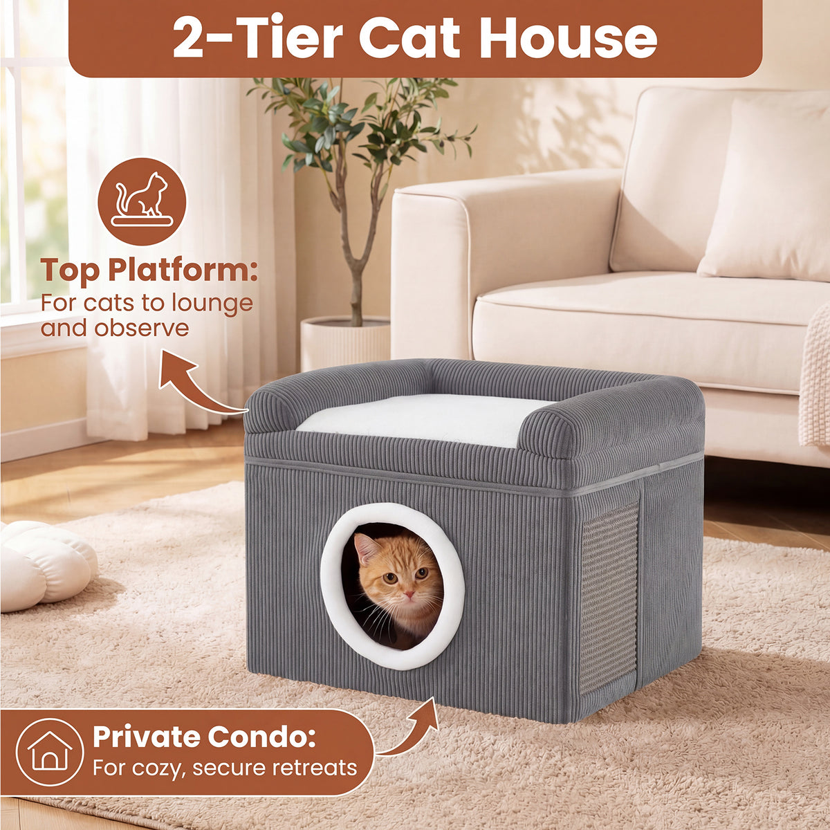 Large Cat Cave with Cozy Condo Sisal Scratching Mat and Anti-Slip Bottom-Grey