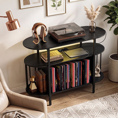 Large Record Player Stand w/LED Lights Charging Station & Display Shelves for Music Corner-Black