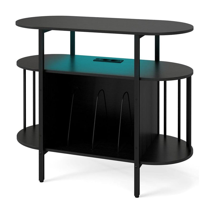 Large Record Player Stand w/LED Lights Charging Station & Display Shelves for Music Corner-Black