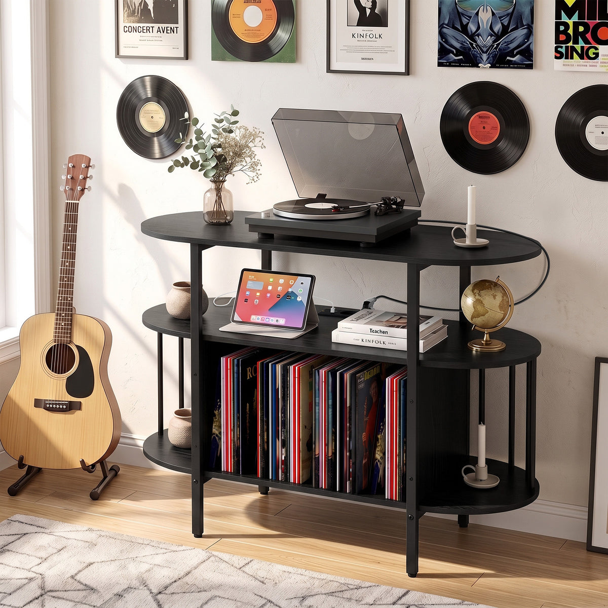Large Record Player Stand w/LED Lights Charging Station & Display Shelves for Music Corner-Black