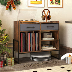 Large Record Player Stand with Charging Station Mid Century Modern Vinyl Storage Cabinet-Rustic Brown