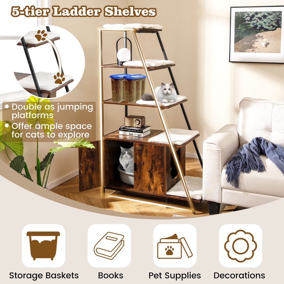 Large Cat Litter Box Enclosure with Storage and Removable Plush Mats-Coffee