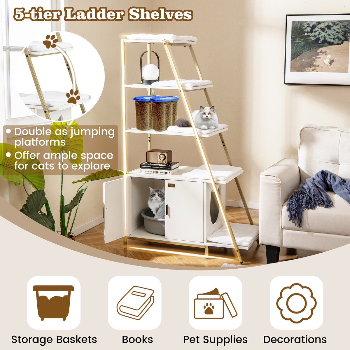 Large Cat Litter Box Enclosure with Storage and Removable Plush Mats-White