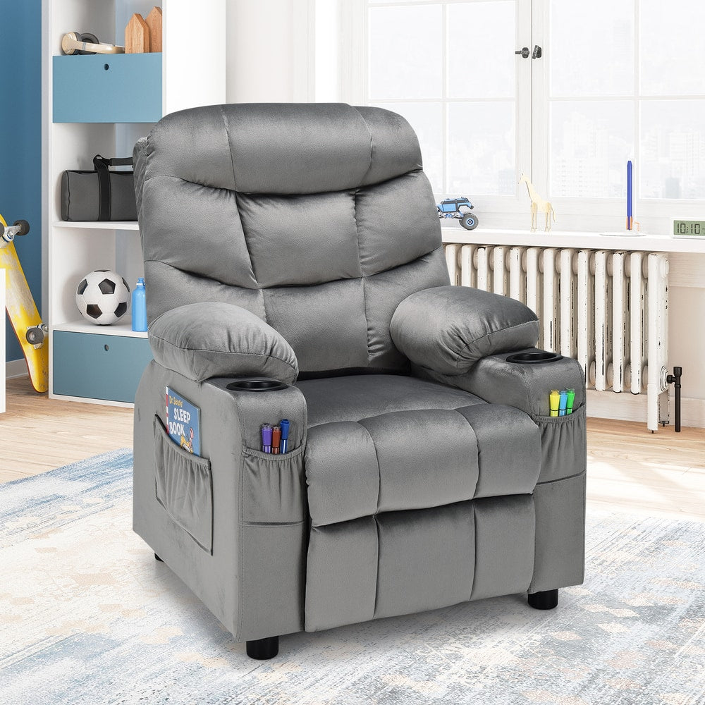The kids recliner chair placed on a rug in a bright child bedroom
