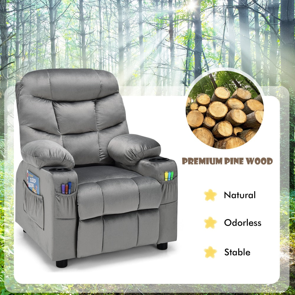 The kids recliner chair next to a circular inset showing cut pine wood logs