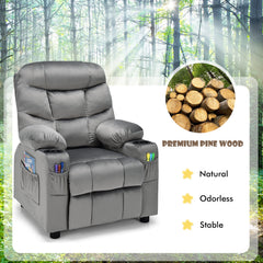 The kids recliner chair next to a circular inset showing cut pine wood logs