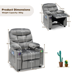 The kids recliner chair with technical lines showing various dimensions