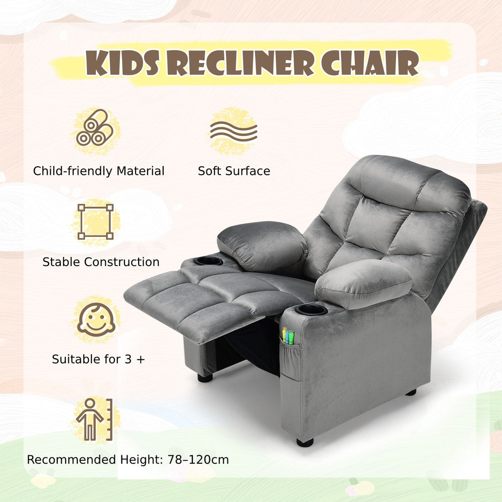 The kids recliner chair with icons highlighting key product benefits